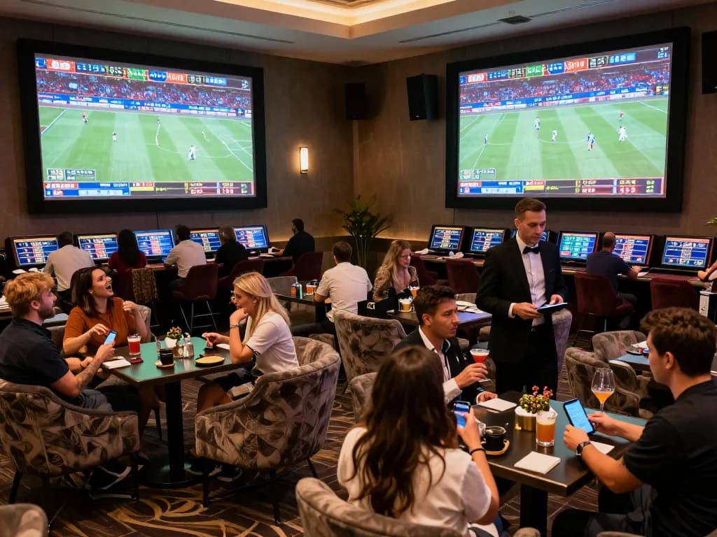 Attendees placing bets in a vibrant ok365 sports betting lounge during a live event.