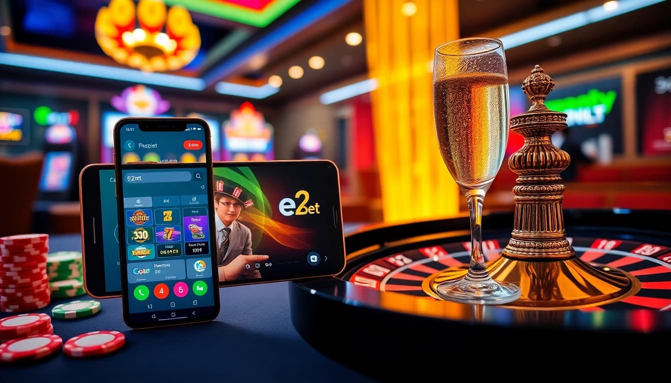 The e2bet app interface on a mobile device amidst a dazzling casino setting with tables, chips, and a roulette wheel.