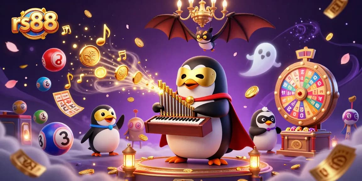 Experience the excitement of rs88 with a vibrant 3D illustration of a penguin playing a slot organ amidst a lively casino atmosphere.