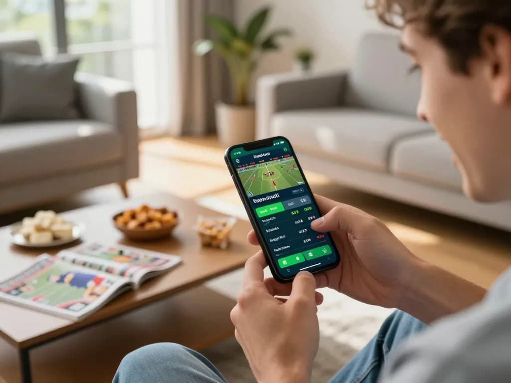 Excited person enjoying live sports betting on 89bet mobile app in a modern living room.