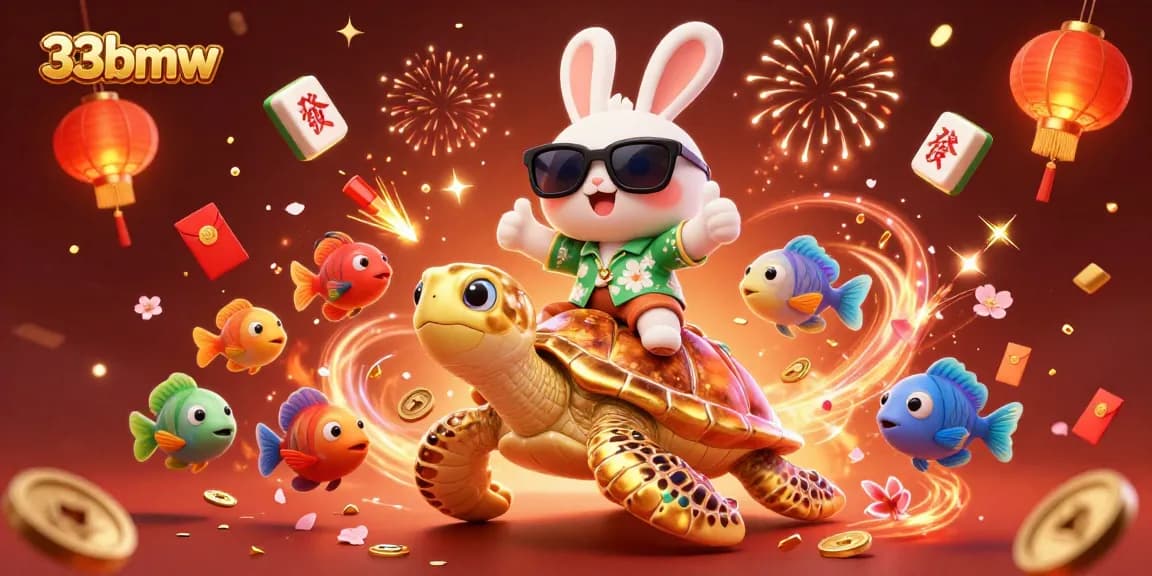 Join the fun at 33bmw with a lucky rabbit and golden turtle enjoying festive gaming vibes.