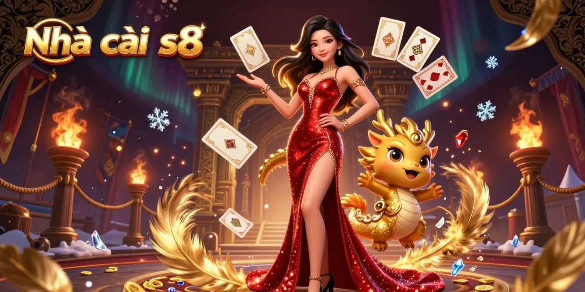 Nhà cái s8 showcases an elegant Asian woman welcoming players to a vibrant casino experience with golden dragon and dynamic game elements.