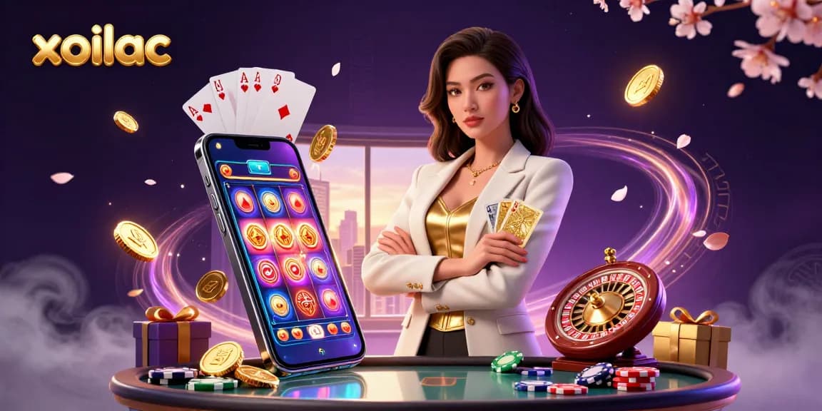 Xoilac showcases an elegant Asian woman in an ivory blazer holding cards while sparkling gaming elements surround her.