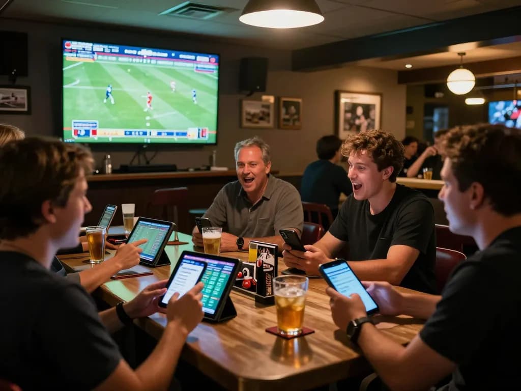 Fun79 INK patrons engaged in strategic sports betting while watching live games at a vibrant bar.