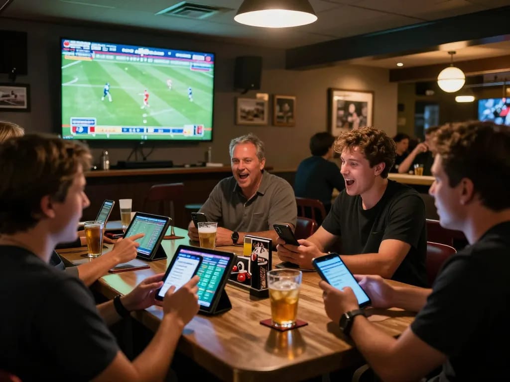 Fun79 INK patrons engaged in strategic sports betting while watching live games at a vibrant bar.