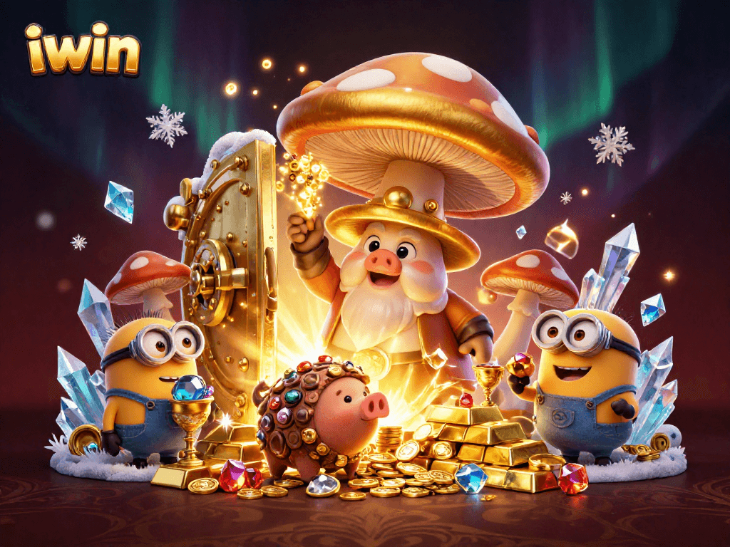 Experience iwin magic with a golden mushroom wizard uncovering treasures in this vibrant casino scene.