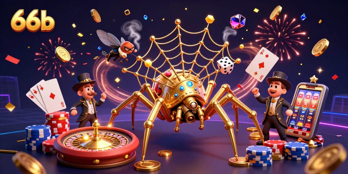 Engage with 66b’s thrilling casino experience featuring a steampunk spider and dynamic gaming elements.