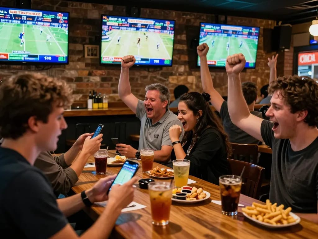 Dynamic scene of sports betting on thể thao mb66 with excited patrons cheering at a bar.