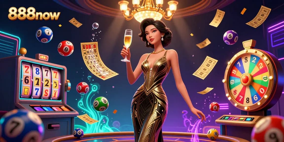 Experience the thrill of 888now with a glamorous casino illustration featuring games and vibrant elements.