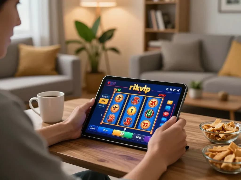 Engaged player enjoying rikvip online slots in a cozy home setting.