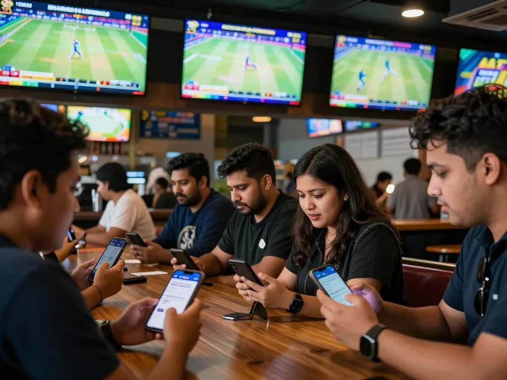 Fans passionately placing bets on the Winbd.io app during live sports events in a lively bar atmosphere