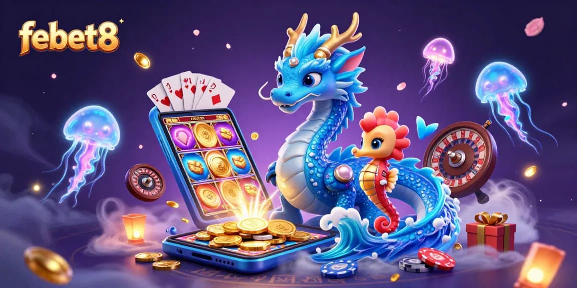 Engage with febet8's thrilling gaming experience featuring a majestic water dragon and dynamic casino elements.
