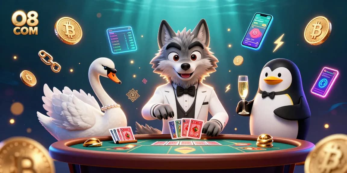 Play card games at O8 COM with a cartoon wolf, swan, and penguin in a vibrant setting.