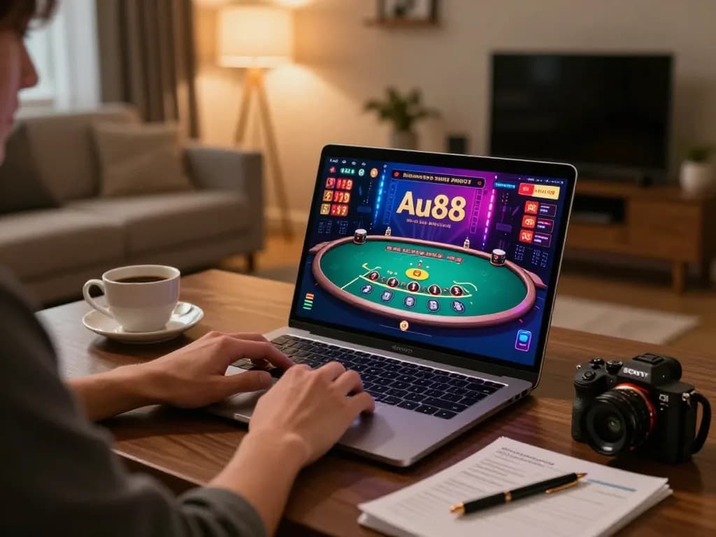 Playing blackjack on Au88 online casino with vibrant graphics in a cozy living room