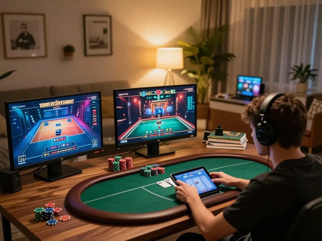 B52club user playing poker on a tablet with multiple casino game screens in a cozy, warm-lit home.