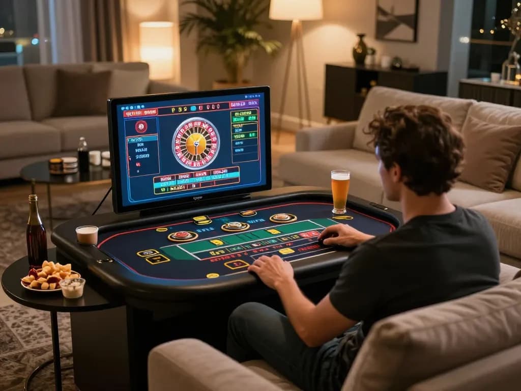 F8BET player engaging in live dealer game on tablet in a cozy living room setting, showcasing interactive gameplay.