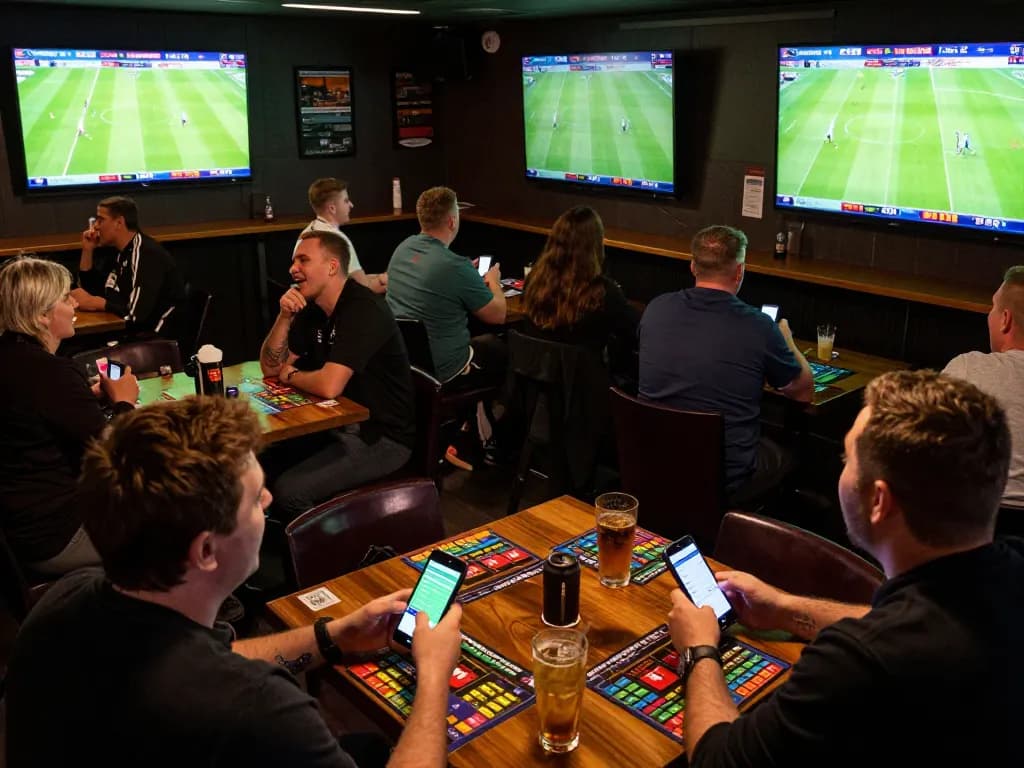 Patrons engaged in live sports betting at Nowgoal sports bar, betting on football matches with apps and excitement.