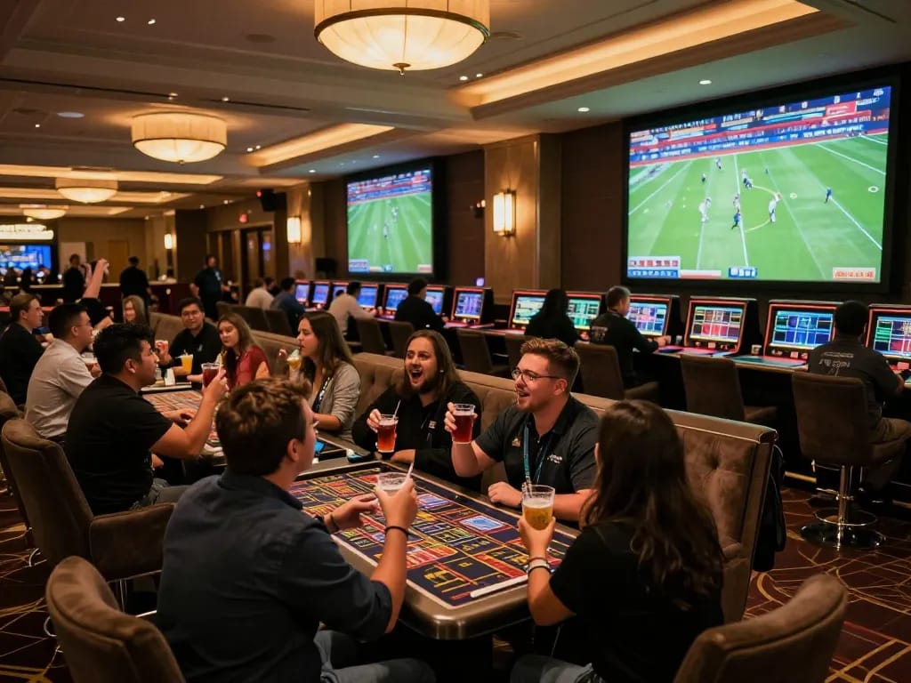 Exciting footballl betting scene at a vibrant casino sports lounge with fans cheering and placed bets.