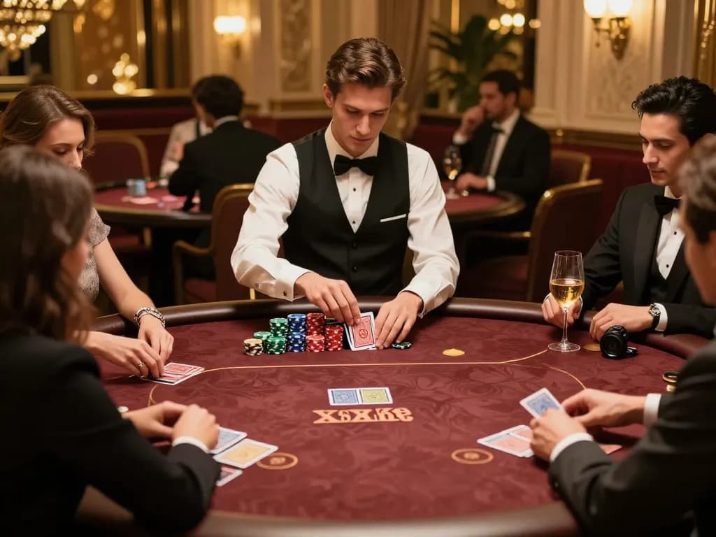 Players enjoying an exclusive poker game at OKFUN's high-end casino table surrounded by luxury and excitement.