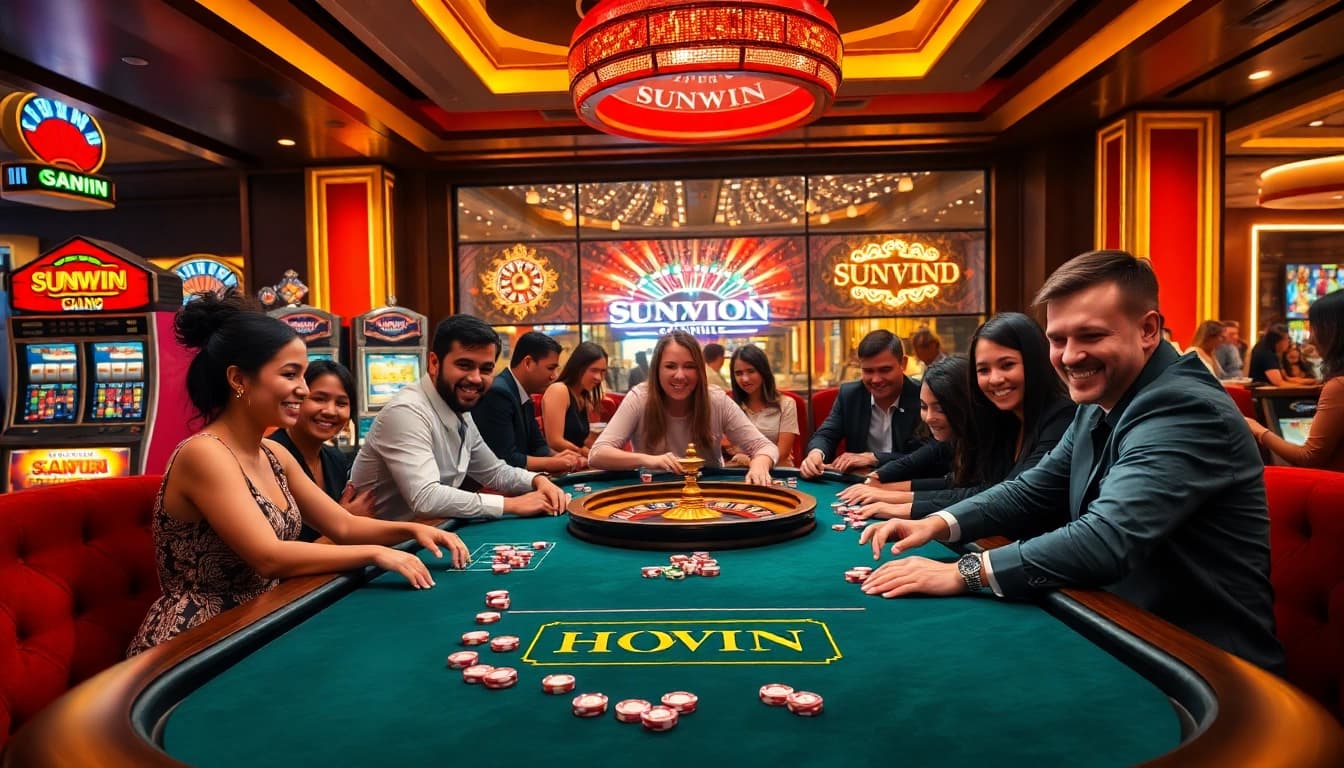 Sunwin gaming table in a vibrant casino scene showcasing players engaged in thrilling action.