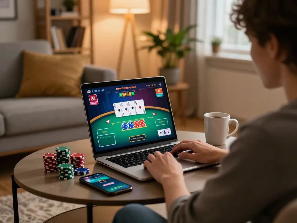 Engaging in online poker gameplay through Game 789win on a stylish laptop in a cozy home office.