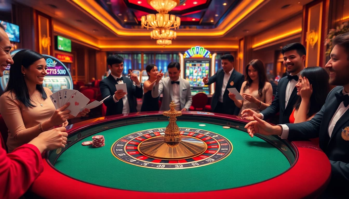 Experience the thrill of online gambling at https://hz88.blue/ with players enjoying roulette and vibrant casino visuals.