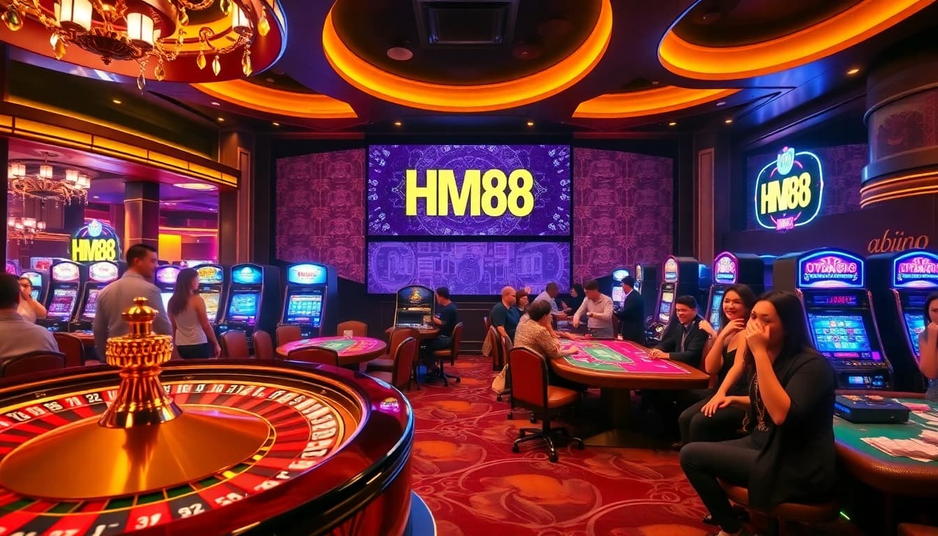 Experience thrilling gameplay at HM88 casino with poker tables, roulette, and vibrant slot machines.