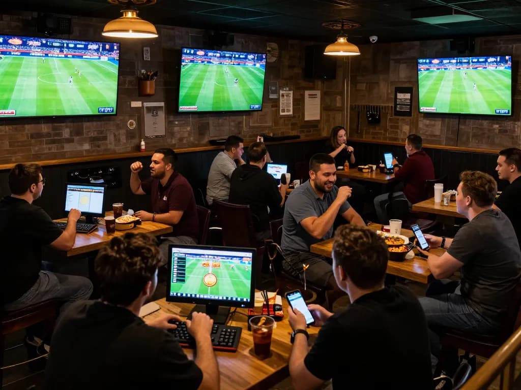 Socolive users enjoying live sports betting while celebrating their winnings in a vibrant sports bar.