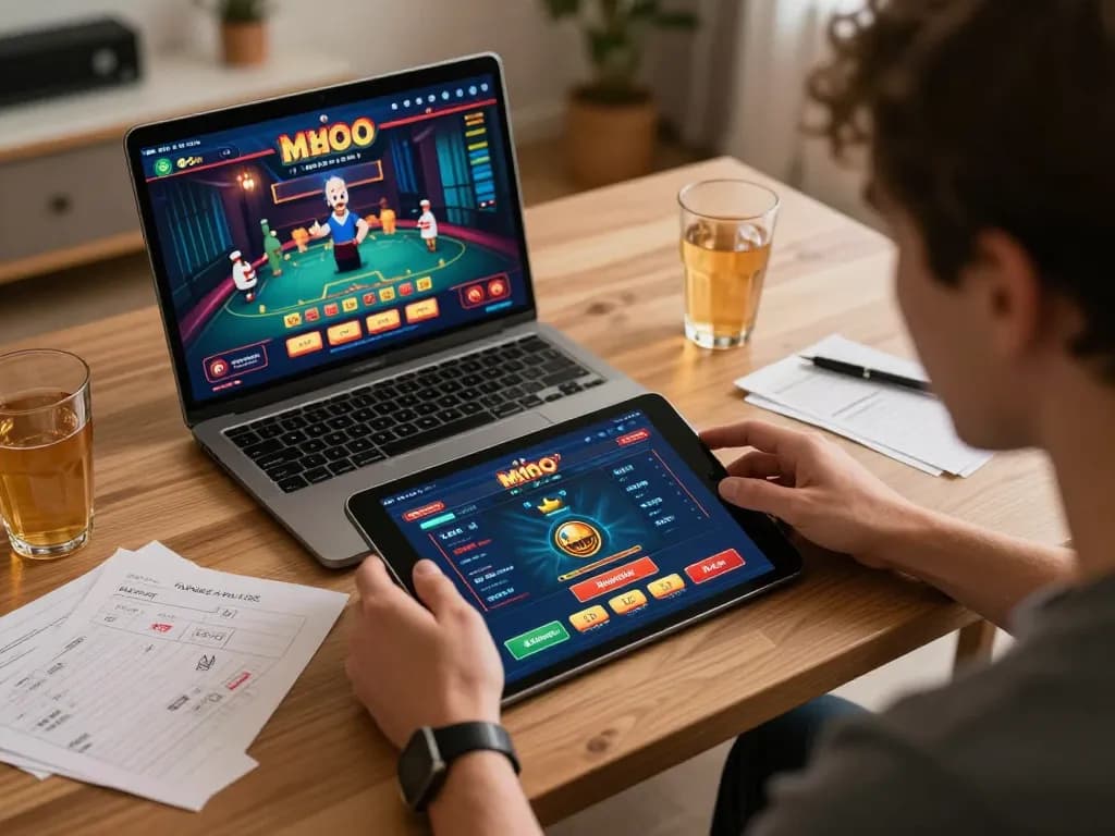Engaging with the MMOO casino app highlighting online gaming strategy and excitement.