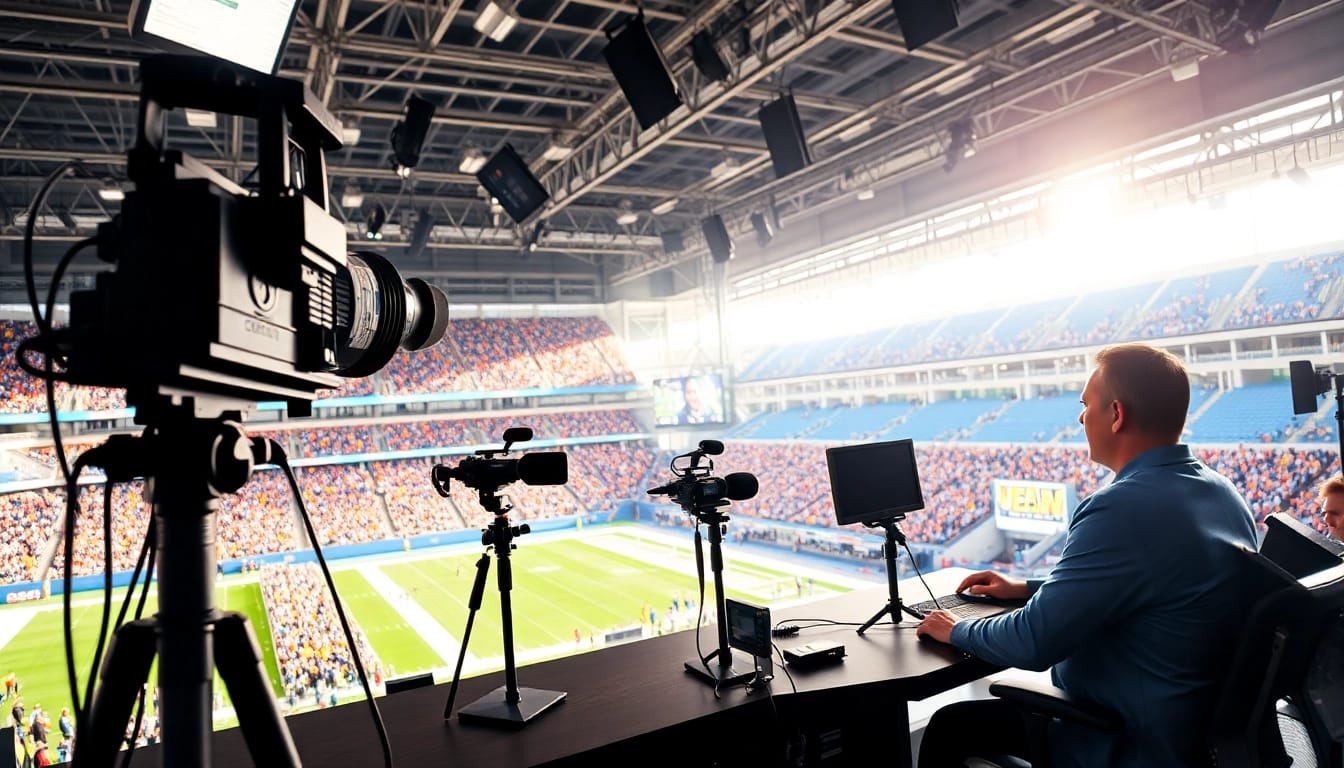 Engaging scene of sports broadcasting featuring broadcasters, microphones, and a stadium backdrop.