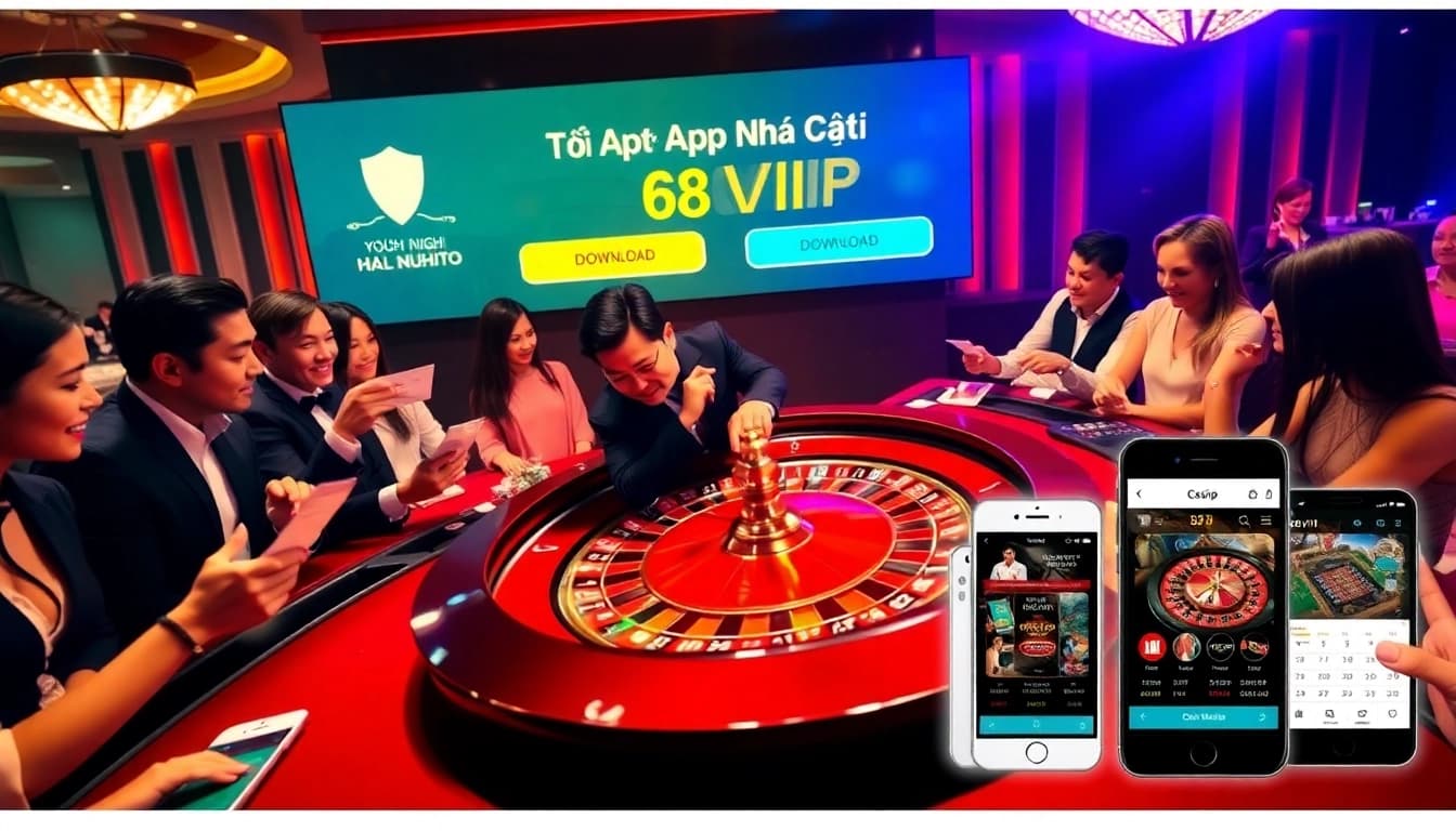 Tải App Nhà Cái 68VIP in a vibrant casino setting with players excitedly placing bets and a roulette wheel spinning.