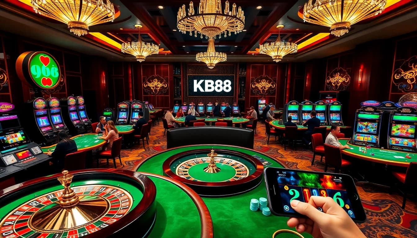 NK88 vibrant casino scene with poker tables and slot machines, showcasing a luxurious gambling experience.