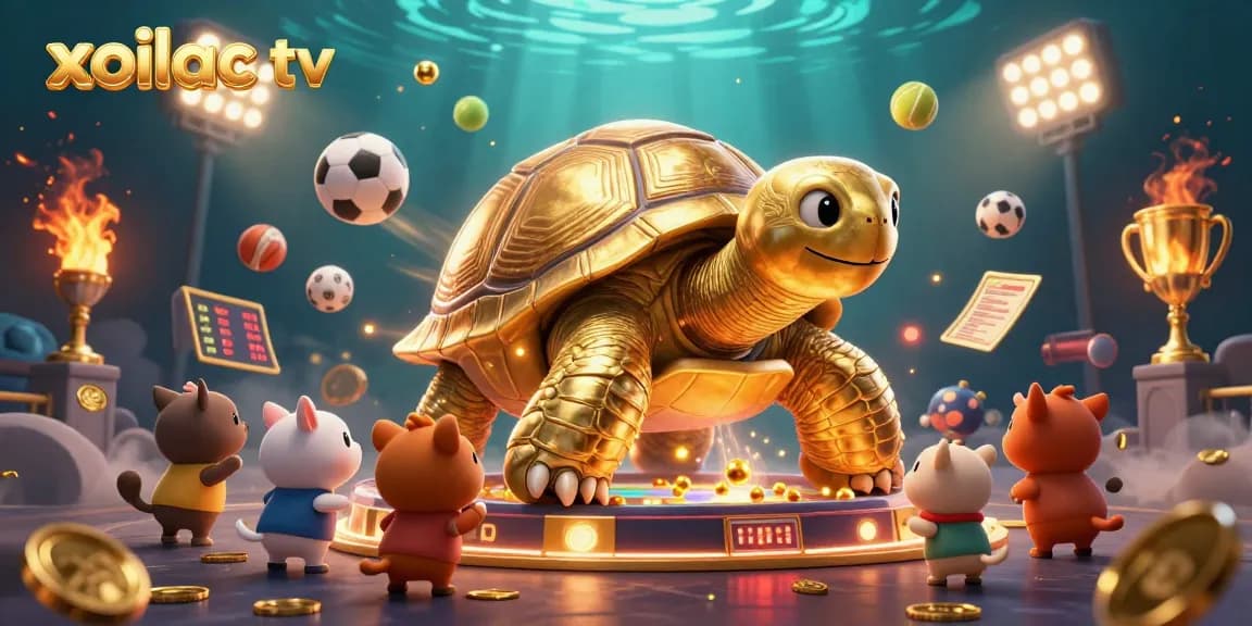 Engage with xoilac tv as a colossal tortoise and lively animals play a pinball match amidst a vibrant casino-themed backdrop.