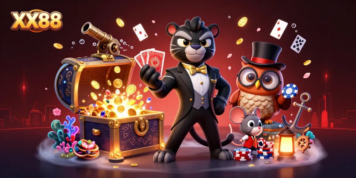 Experience casino excitement with XX88 as a panther deals cards, surrounded by vibrant game elements.