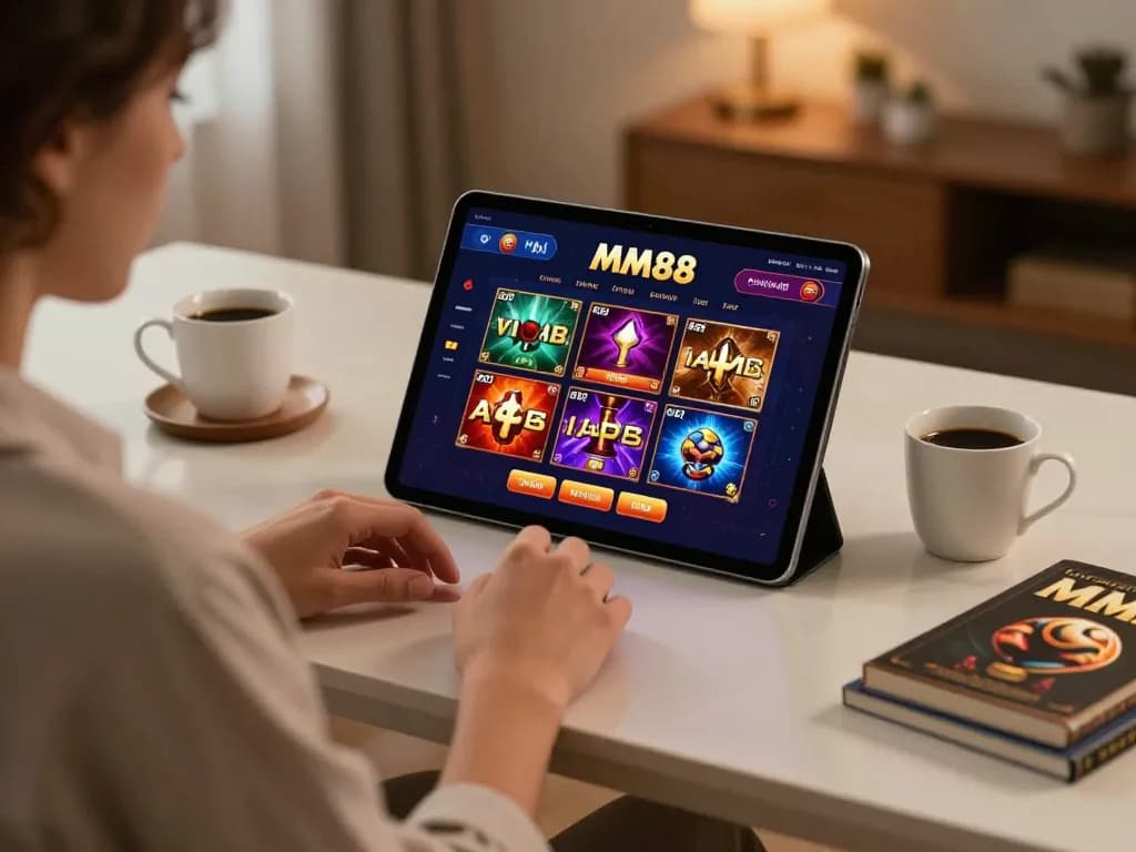 Experience engaging online gaming at MM88 with a dynamic tablet display and cozy home atmosphere.