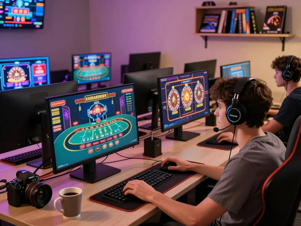 Engaged player experiencing V788 online casino gaming with multiple screens and vibrant atmosphere