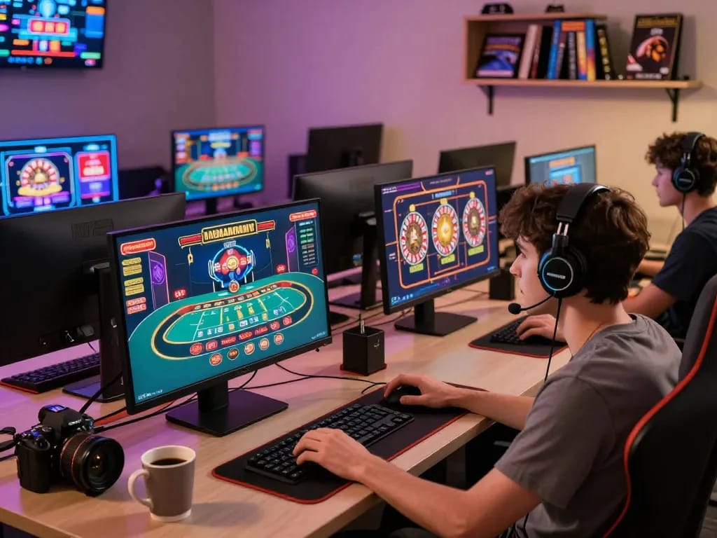 Engaged player experiencing V788 online casino gaming with multiple screens and vibrant atmosphere
