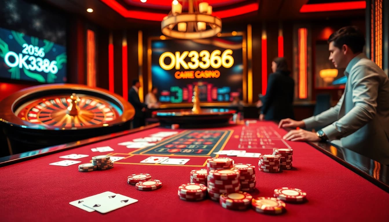 Experience the thrill of OK8386 online gambling with an elegant casino scene featuring poker chips and a roulette wheel.