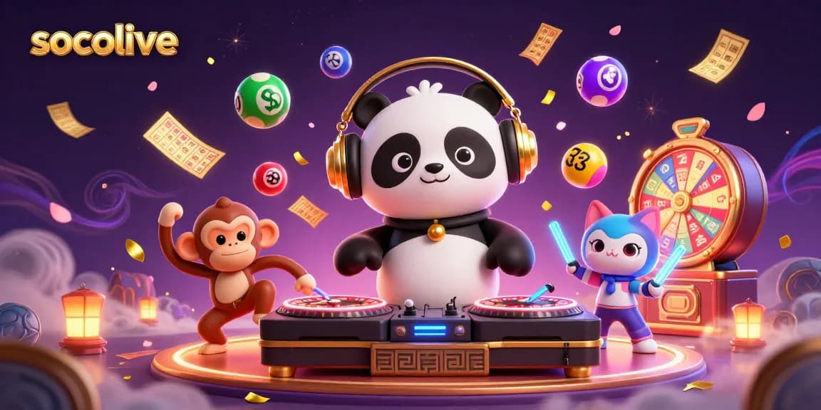 Socolive features a vibrant cartoon scene of a DJ panda mixing at roulette wheels with energetic characters.