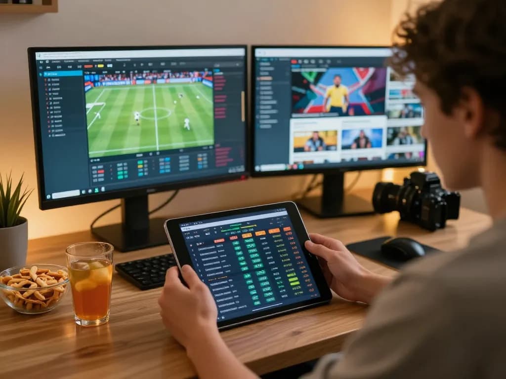 Engaged player reviewing ty le keo odds on tablet, immersed in strategic sports betting.
