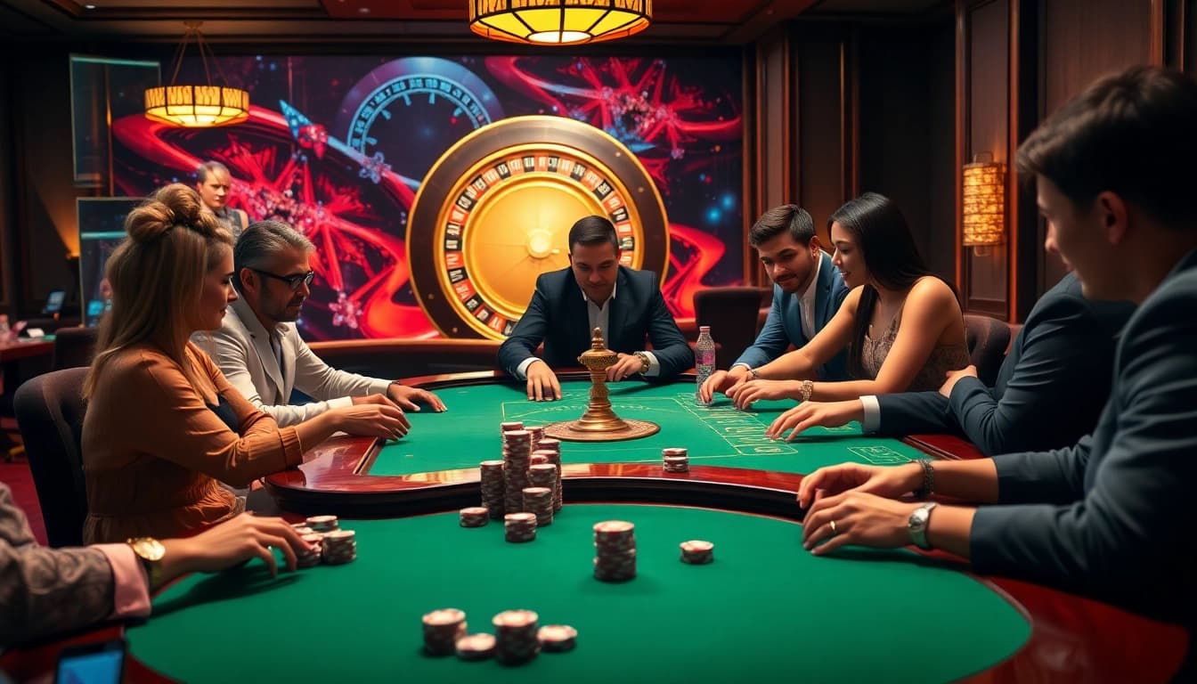 Intense poker game at thabet.com casino with elegant decor and vibrant atmosphere.