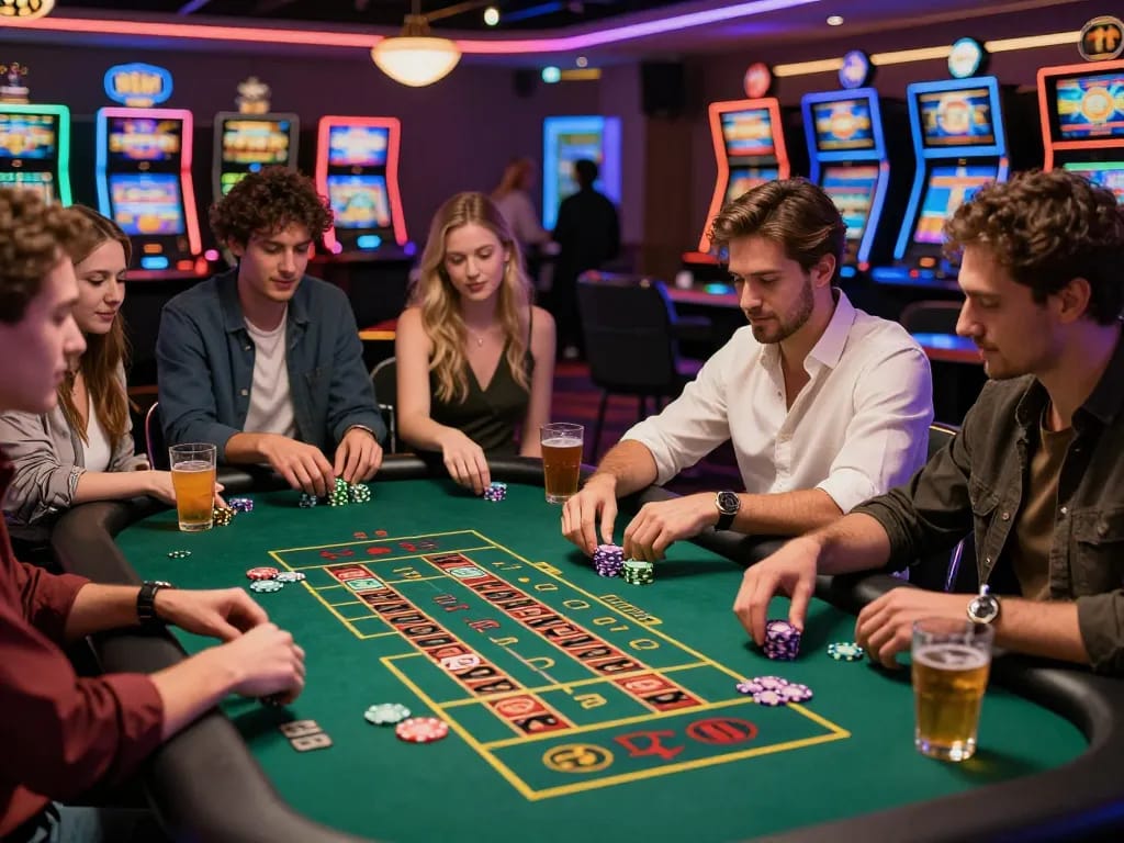 Friends excitedly playing roulette in a vibrant casino setting showcasing MM88 online gambling experiences.