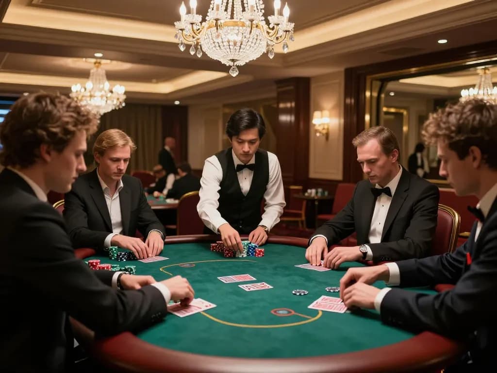 Experience high-stakes poker with jaeyongkim as players strategize at a luxurious table, showcasing the thrill of casino gaming.