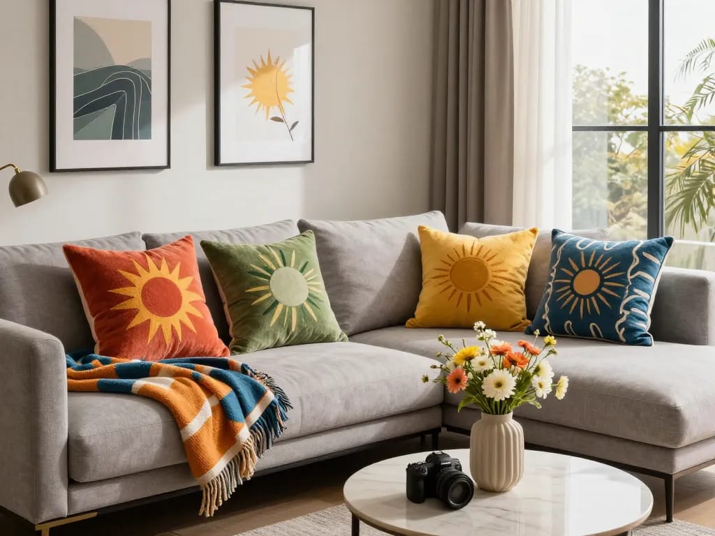 Vibrant sunwin home textile products showcased in a modern living room setting, highlighting comfort and style.