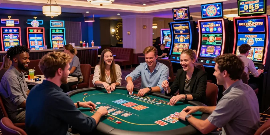 Players enjoying games in a modern non UK casino environment with vibrant lights and lively atmosphere.