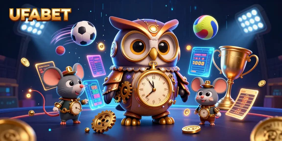 Experience thrilling gaming action with UFABET in an immersive 3D casino illustration featuring dynamic sports and casino elements.