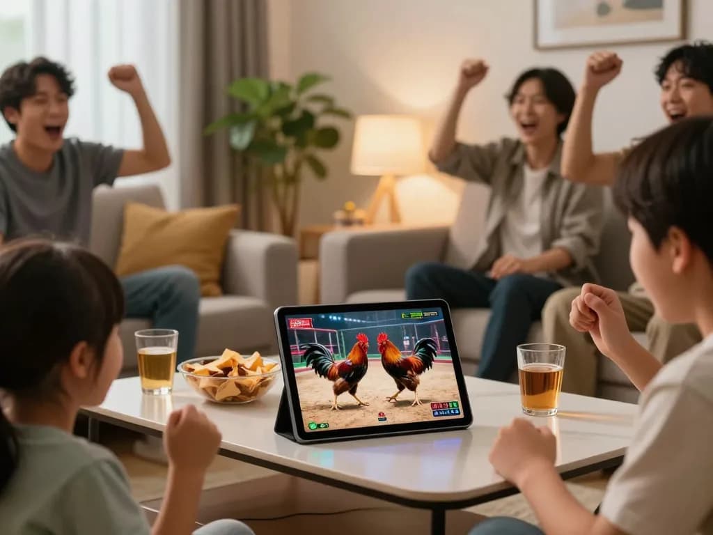 Xem trận đá gà trực tuyến philippines hấp dẫn trên máy tính bảng trong không gian ấm cúng tại nhà.