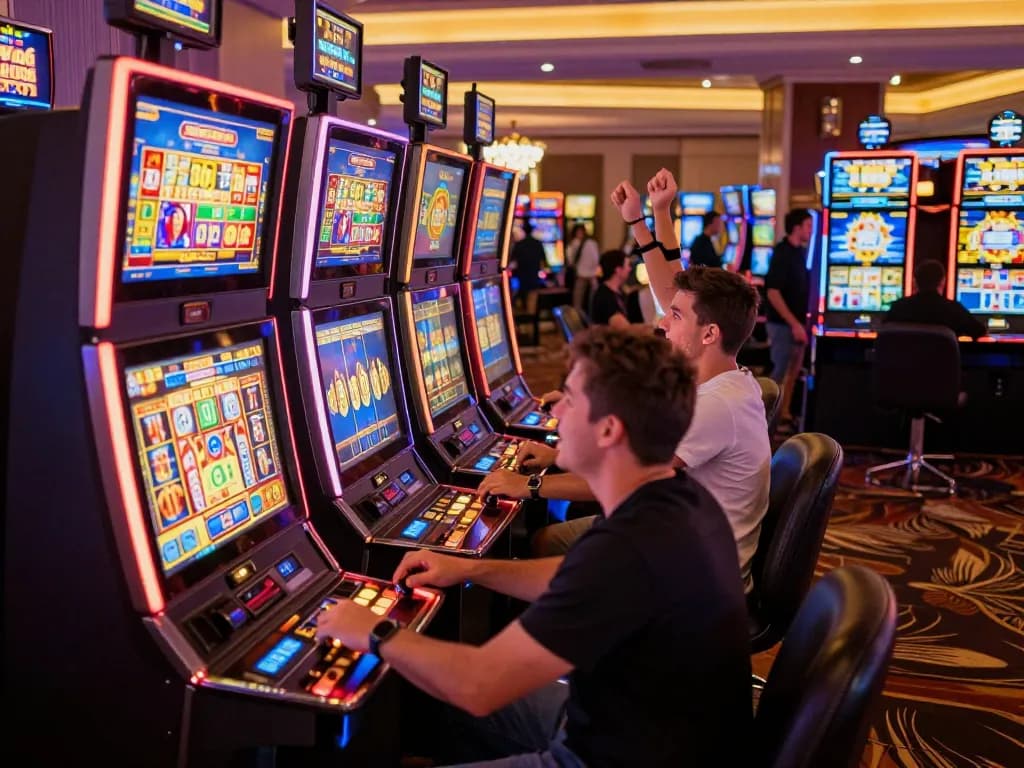Players enjoying slot gacor viral machines in a lively casino atmosphere, celebrating wins and excitement.