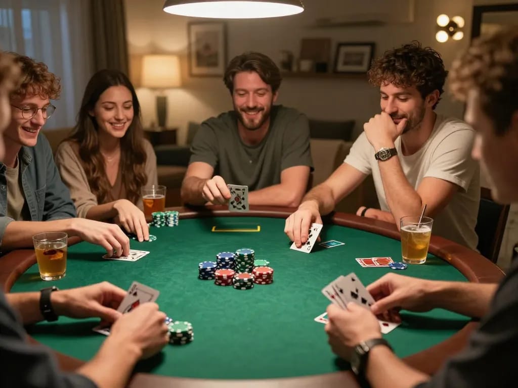 Exciting gameplay at Go88 club as friends bet around a poker table in a cozy home atmosphere.