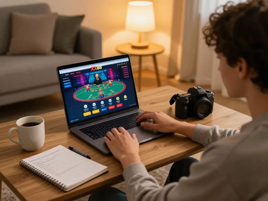 Engaged player enjoying games on the XX88 online casino platform at home, showcasing a blend of casual comfort and strategic gameplay.